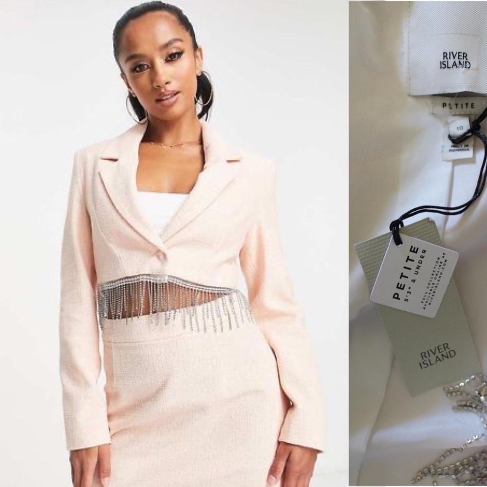 River Island NWT Petite Co-Ord Diamanté Trim Tweed Crop Blazer 10P